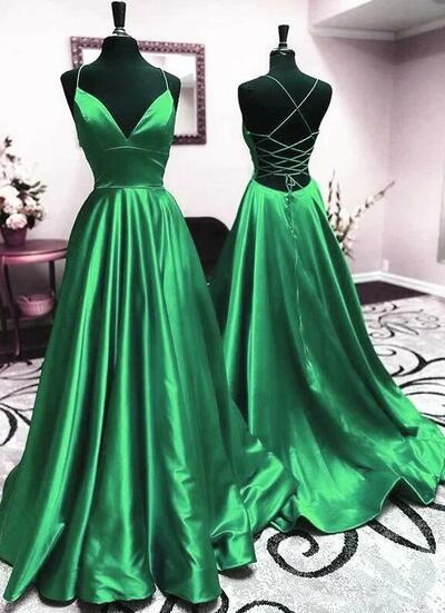 Charming V Neck Green Long Open Back Prom Dresses 