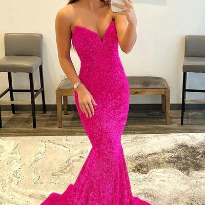 Mermaid hot pink sequins prom dresses formal evening dresses - Thumbnail 2