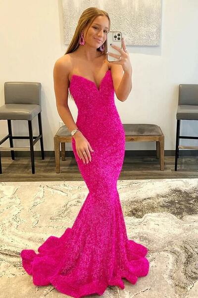 Mermaid Hot Pink Sequins Prom Dresses Formal Evening Dresses