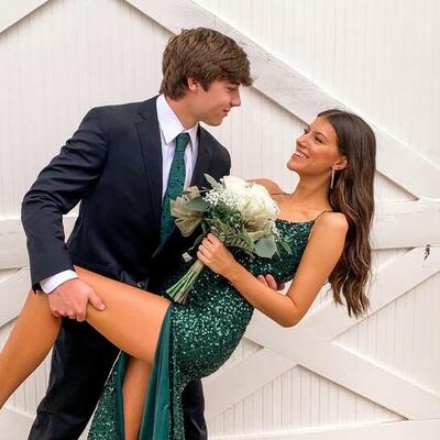 Sexy green sequin long prom dresses with slit - Thumbnail 2