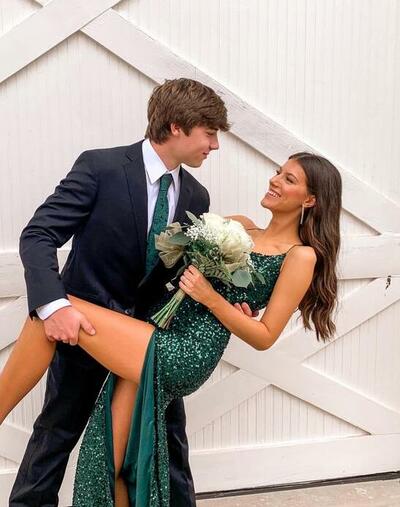 Sexy Green Sequin Long Prom Dresses With Slit