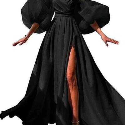 Romantic puffy sleeves prom dresses with slit 