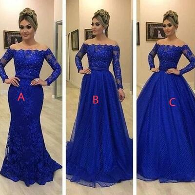 Off shoulder lace royal blue prom dress - Thumbnail 3