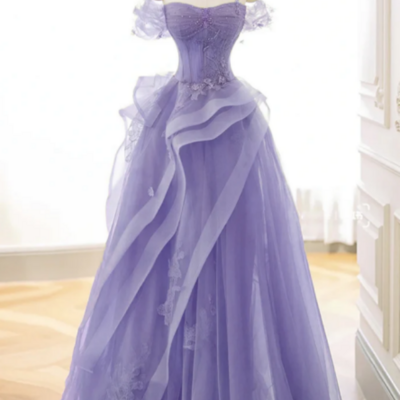 A line off shoulder tulle lace purple long prom dress, purple lace long formal dress kpp1651