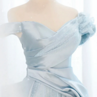 A Line Off Shoulder Satin Tulle Blue Long Prom Dress, Blue Long Formal Dress KPP1652 - Thumbnail 1