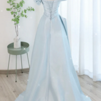 A Line Off Shoulder Satin Tulle Blue Long Prom Dress, Blue Long Formal Dress KPP1652 - Thumbnail 2