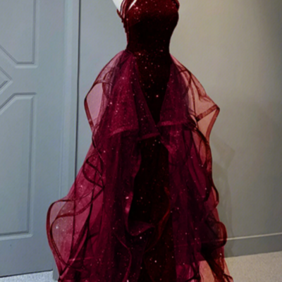 Wine red tulle and sequins new style prom dress, wine red long evening dress kpp1653