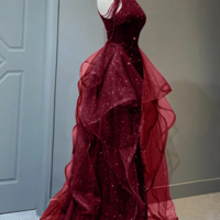 Wine Red Tulle and Sequins New Style Prom Dress, Wine Red Long Evening Dress KPP1653 - Thumbnail 1