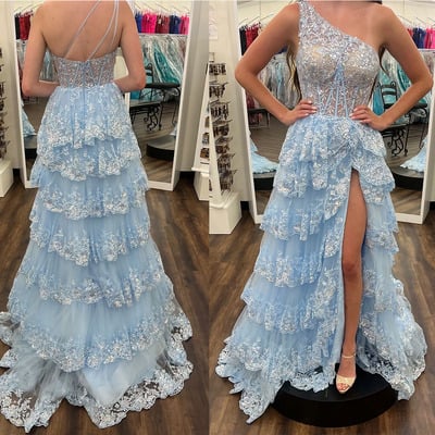 One shoulder prom dresses with appliques sky blue - Thumbnail 1