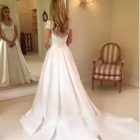 Satin Wedding Dresses Cap Sleeve Lace Appliques Backless Long Church Bridal Gowns - Thumbnail 1