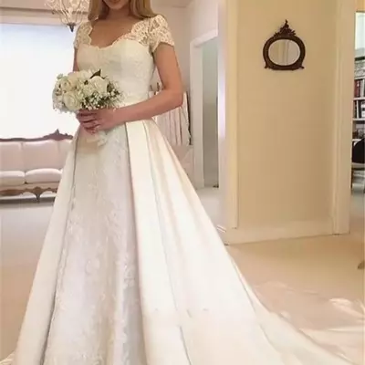 Satin wedding dresses cap sleeve lace appliques backless long church bridal gowns - Thumbnail 1