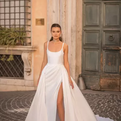 A line wedding dresses for bride spaghetti satin overskirts wedding dress vestidos de novia thigh slit designer bridal gowns - Thumbnail 4