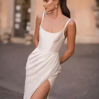 A Line Wedding Dresses for bride Spaghetti Satin Overskirts Wedding Dress vestidos de novia Thigh Slit designer bridal gowns - Thumbnail 3