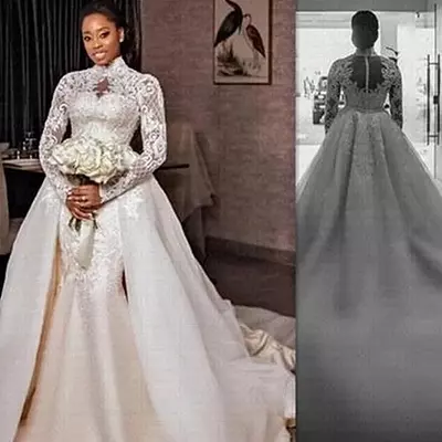 Vintage high neck mermaid wedding dress long sleeves lace appliques bridal gowns with detachable train arabic dubai african bride wear - Thumbnail 1