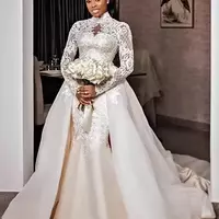 Vintage High Neck Mermaid Wedding Dress Long Sleeves Lace Appliques Bridal Gowns With Detachable Train Arabic Dubai African Bride Wear - Thumbnail 1