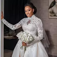Vintage High Neck Mermaid Wedding Dress Long Sleeves Lace Appliques Bridal Gowns With Detachable Train Arabic Dubai African Bride Wear - Thumbnail 2