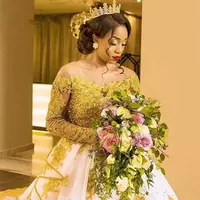 African White And Gold Lace Wedding Dress Long Sleeves Beaded Appliques Skin Tulle Black Girls Bridal Gowns - Thumbnail 1