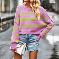 O-Neck Women's Striped Knitted Sweater - Thumbnail 6