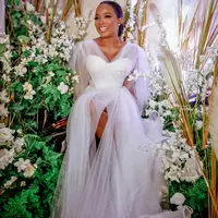 Amazing Long Sleeves Wedding Dresses V Neck A Line Side Split Bridal Gowns Sweep Train Tulle robe de mariée - Thumbnail 1