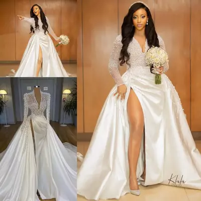 Illusion pearls crystal country wedding dresses  african long sleeve side split arabic satin church garden bridal reception gowns 