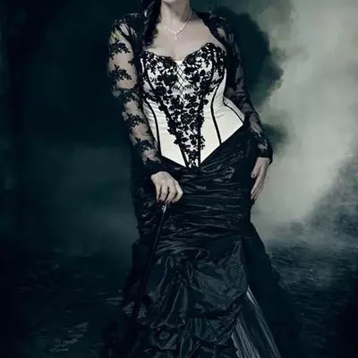 Black white mermaid gothic wedding dresses with long sleeves lace jacket ruched corset steampunk victorian plus size bridal gown - Thumbnail 1
