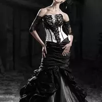 Black White Mermaid Gothic Wedding Dresses With Long Sleeves Lace Jacket Ruched Corset steampunk Victorian Plus Size Bridal Gown - Thumbnail 1