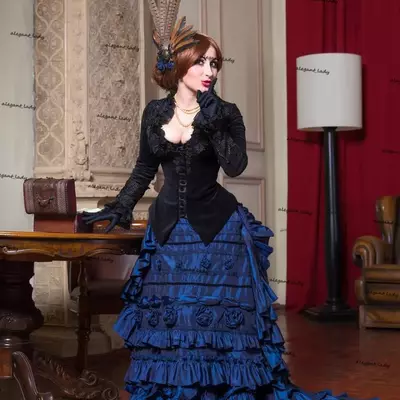 Royal blue black goth victorian bustle wedding gown velvet taffeta lace-up back corset top gothic country bridal dress - Thumbnail 1