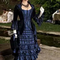 Royal Blue Black Goth Victorian Bustle Wedding Gown Velvet Taffeta Lace-up Back Corset Top Gothic Country Bridal Dress - Thumbnail 1