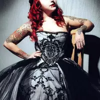  Vintage Black Ballgown Wedding Dresses Bridal Gown Strapless Beaded Lace Applique Tulle Tiered Ruffles Custom Made - Thumbnail 1