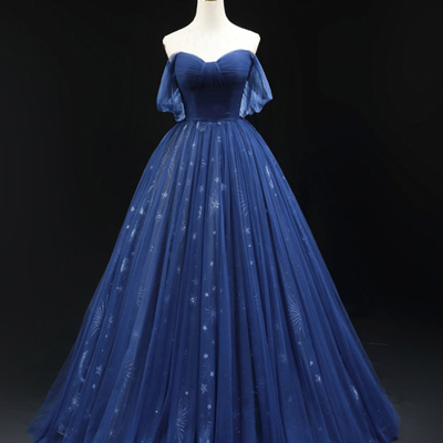 Blue tulle floor length a-line prom dress - Thumbnail 1