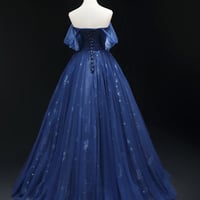 Blue Tulle Floor Length A-Line Prom Dress - Thumbnail 3