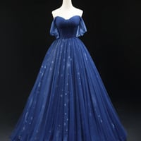 Blue Tulle Floor Length A-Line Prom Dress - Thumbnail 4