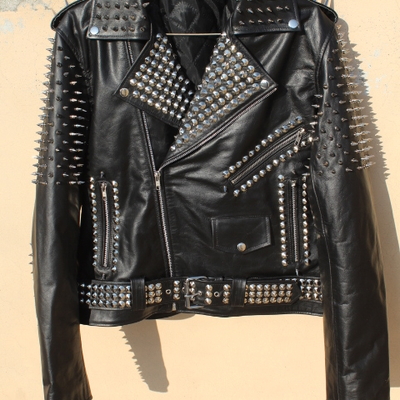 Crafted leather women punk style studded leather jacket large spike sliver studs