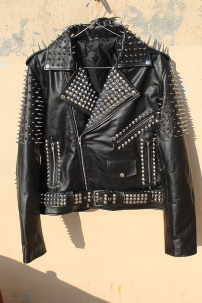 Crafted Leather Women Punk Style Studded Leather Jacket Large Spike Sliver Studs