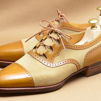 Trendy men's handmade two tone cap toe leather suede lace up shoes