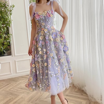 Cute a-line lilac tea length party dress with 3d flowers - Thumbnail 1