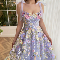 Cute A-Line Lilac Tea Length Party Dress with 3D Flowers - Thumbnail 1