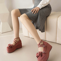 Original Thick Soled Wedge Pink High Heel Women's Bow Shoes - Thumbnail 2