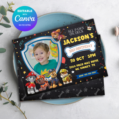 Paw patrol birthday invitation with photo canva editable and printable