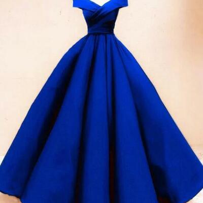 Simple off shoulder royal blue satin prom dress - Thumbnail 3