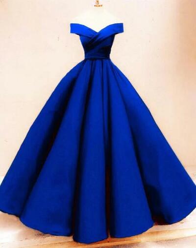 Simple Off Shoulder Royal Blue Satin Prom Dress