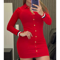 Red Women Long sleeved Tight Dress - Thumbnail 1