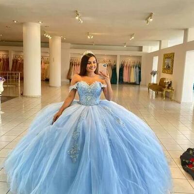 Off shoulder stunning blue lace appliques tulle prom dresses 