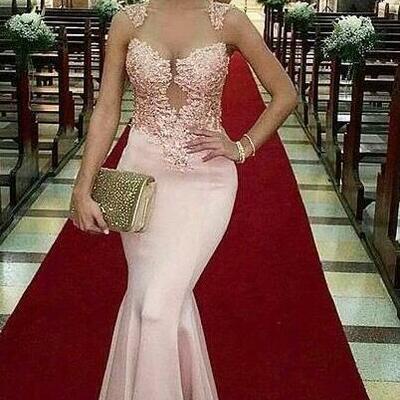 A line blush pink long formal evening prom dress with lace - Thumbnail 3