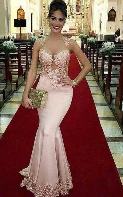 A Line blush pink long formal evening prom dress with lace