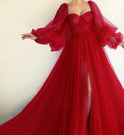 Fashion Long Sleeves Tulle Prom Evening Dresses, Graduation Dress