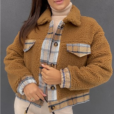 Temperament plaid splicing long sleeved jacket