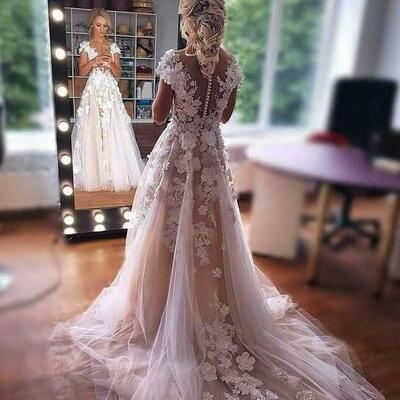 Mermaid lace applique ivory beach wedding dresses
