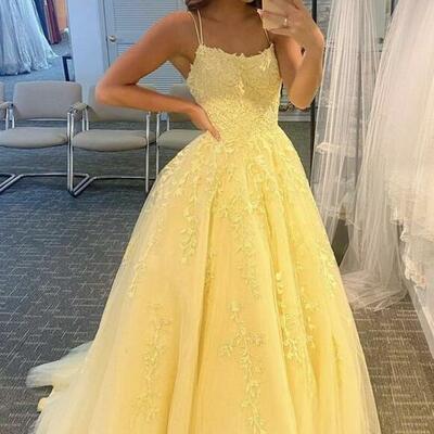 A line straps yellow lace long prom dress evening dress - Thumbnail 4