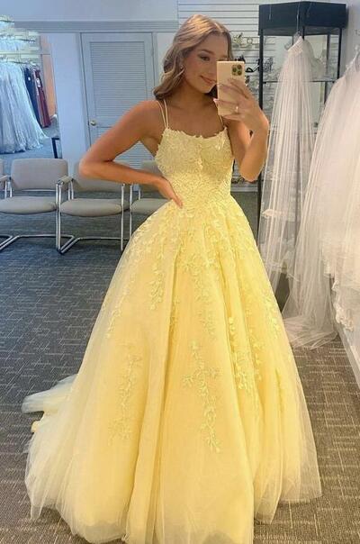A line Straps Yellow lace long prom dress evening dress